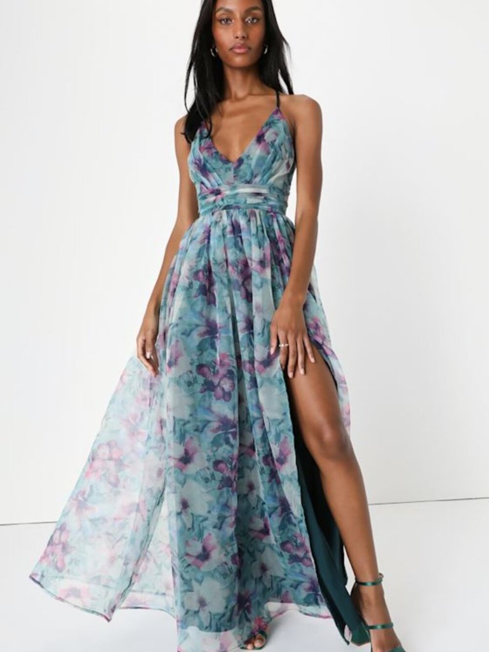 Lulus Romance That Wows Dark Teal Floral Print Organza Maxi Dress Blue - Size M